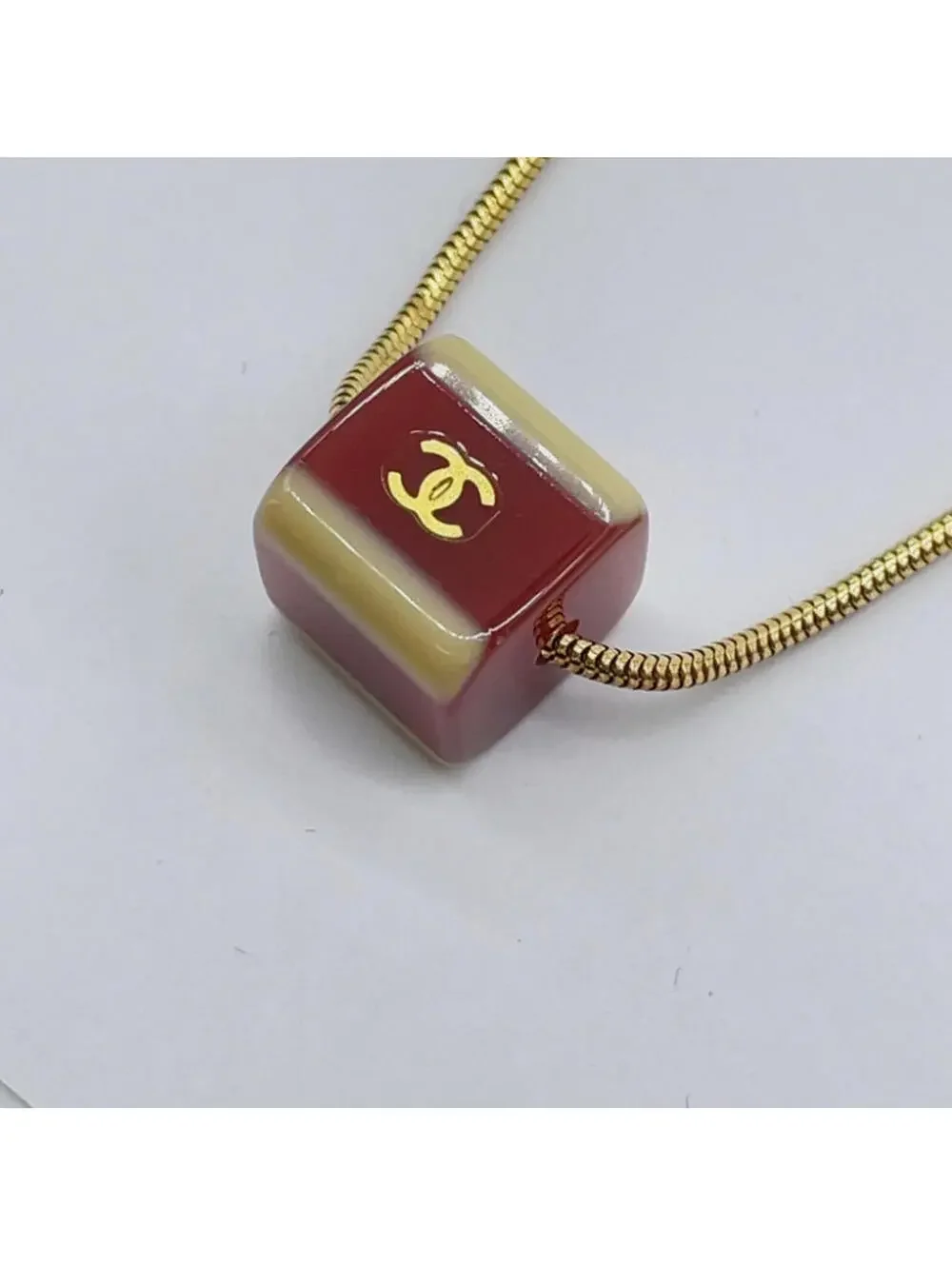 Authentic CHANEL Red Cube Necklace With Box Coco Mark Gold Logo